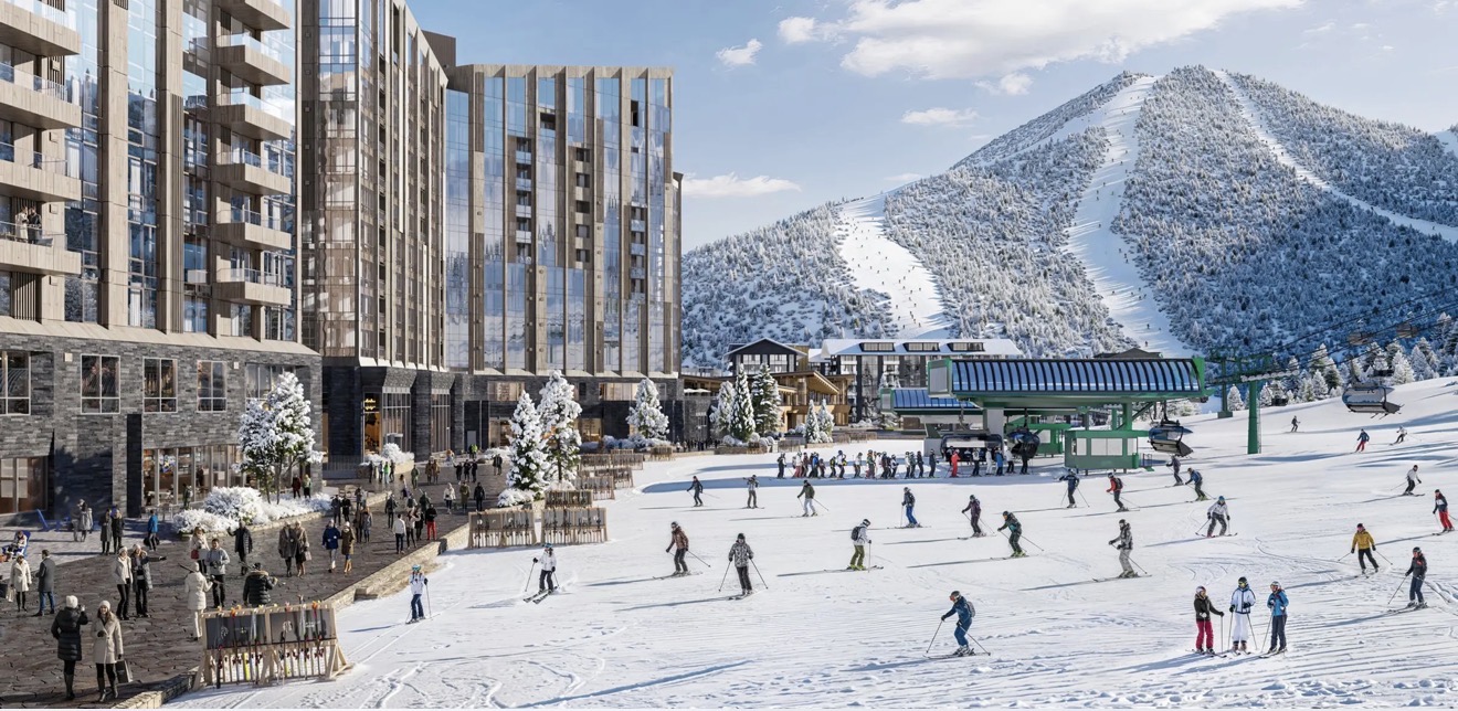 Concept rendering of a snowy village with ski runs and a chairlift